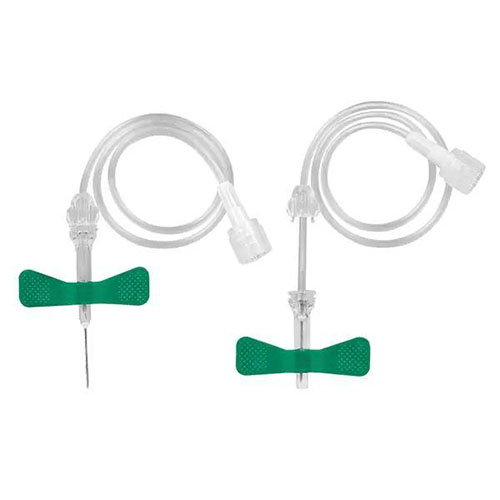 safetouch_sicherheitsflgelkanlen mit grünen Flügeln und dünner Verlängerung und grünen Flügeln sowie einer durch Sicherheitskappe geschützte Hohlnadel..jpg